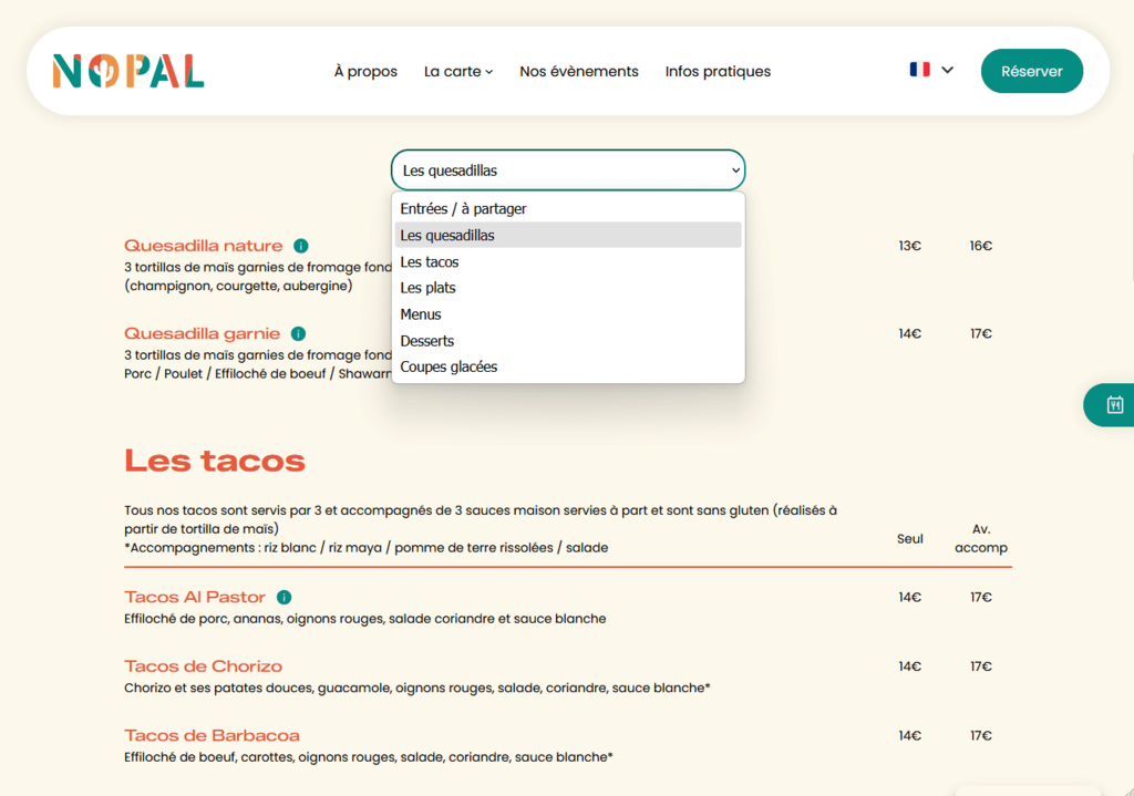 Aperçu carte site internet restaurant Nopal - Création site restaurant
